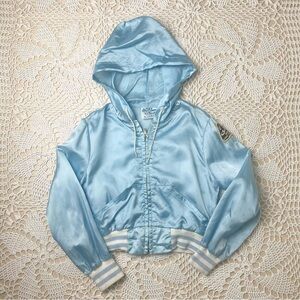 Vintage 1970s Sears Girls 7-8 Years Light Blue Satin Bomber Jacket